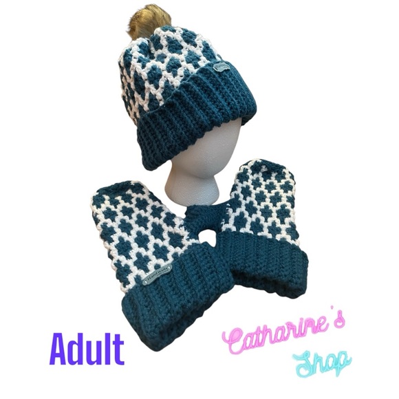 Handmade Crocheted Mosaic Toque and Mittens Set - Picture 2 of 3